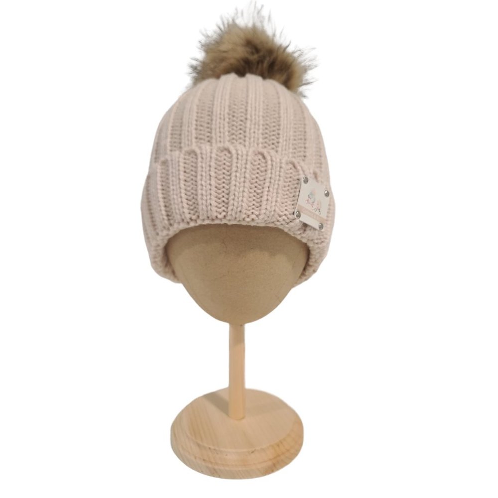 Hunter Knit Beanie With Faux Fur Pom Pom, Beige